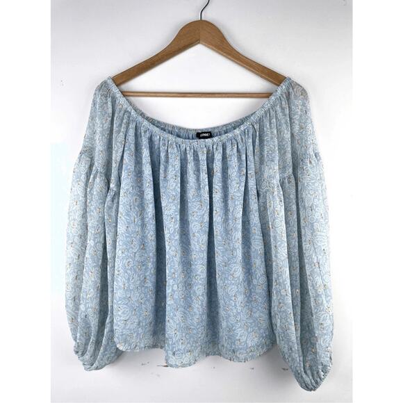 Express Off the Shoulder Floral Appliqué Blue Gold Metallic Peasant Top Size XL - Picture 1 of 6